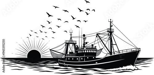 Fishing boat silhouette sailing on ocean at sunset with seagulls, commercial trawler vessel with nets in sea, maritime nautical vector illustration
