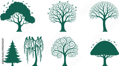 Green tree silhouettes collection featuring oak, willow, pine, and stylized spiral trees with flying birds for nature and landscape design projects