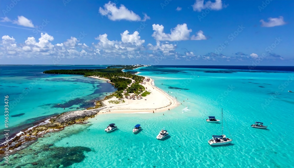 Fototapeta premium Aerial view of a turquoise lagoon with boats, sandbar, and lush greenery