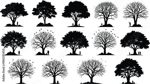 Large collection of black tree silhouettes featuring leafy oak trees, bare winter branches, flying birds, and people standing under large trees