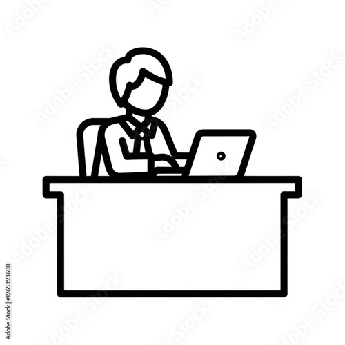Person Working at Desk with Laptop in Line Art Style.