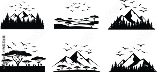 Mountain landscape silhouette collection featuring pine forest, savanna trees, flying birds, and majestic peaks for outdoor adventure and nature vector designs.
