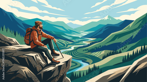 A man with a backpack sits on a cliff edge, looking out at a sweeping valley with a river and snow-capped mountains.