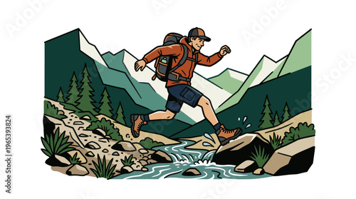 An energetic hiker with a backpack leaps across a rocky stream in a scenic mountain landscape, conveying adventure and freedom.