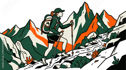 A stylized illustration of a woman with a backpack hiking up a rocky mountain path next to a stream, with jagged peaks in the background.