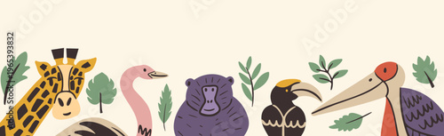 Horizontal banner with group of cute cartoon African animals, giraffe and monkey, and exotic birds isolated among tropical leaves with copy space.
