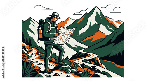 A lone hiker wearing a hat and backpack studies a map while standing on a rocky path surrounded by a stylized mountain landscape.
