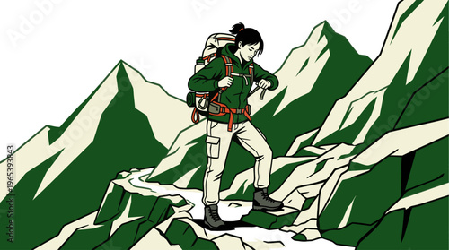A young woman with a backpack pauses on a rugged mountain trail, looking at her watch, amidst stylized green and cream peaks.