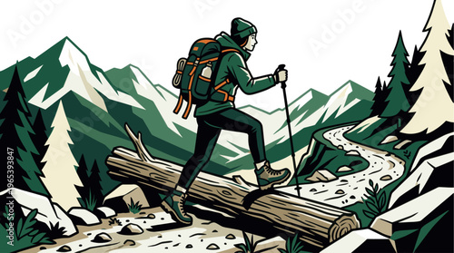 Stylized illustration of a person hiking with a backpack and poles, crossing a fallen log on a rocky mountain path with a winding stream and snowy peaks in the background.