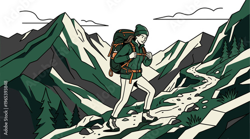 A stylized illustration shows a person with a backpack hiking up a rocky mountain path, surrounded by green peaks and sparse trees.