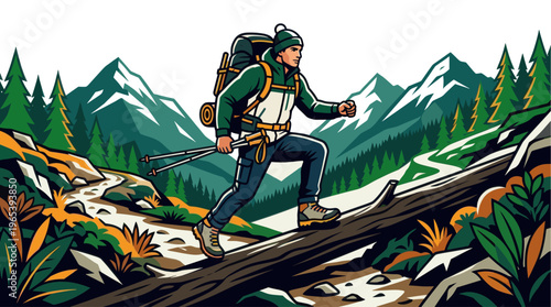 A determined hiker with a backpack and trekking poles ascends a rocky mountain path, surrounded by evergreen trees and majestic peaks, in a vibrant, stylized illustration.