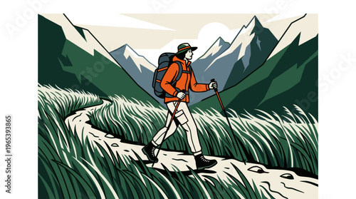 A stylized illustration depicts a person in a hat and orange jacket hiking with a backpack and poles on a winding path through tall green grass with mountains in the background.