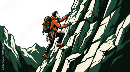 A determined man with a backpack ascends a rugged mountain, using his hands and feet to find holds on the steep, textured rock.