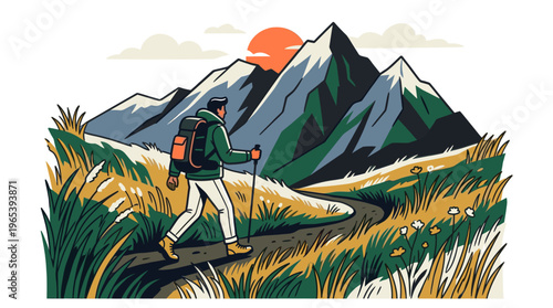 A stylized illustration depicts a solo hiker with a backpack and trekking poles walking on a winding path through tall grass towards majestic mountains under a vibrant sunset sky.