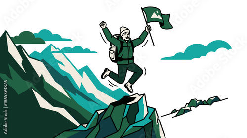 A jubilant hiker leaps with arms raised, holding a flag atop a rugged mountain peak, symbolizing achievement, adventure, and success in nature.