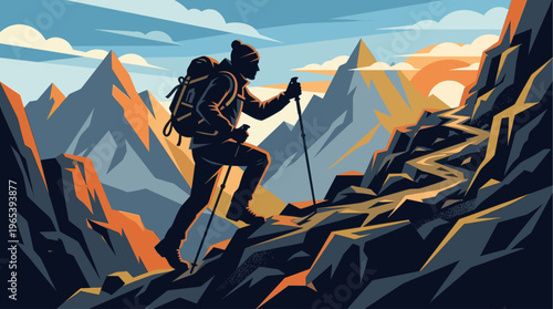 A solitary hiker with a backpack and poles ascends a rugged, stylized mountain trail against a vibrant sky with dramatic clouds and peaks.