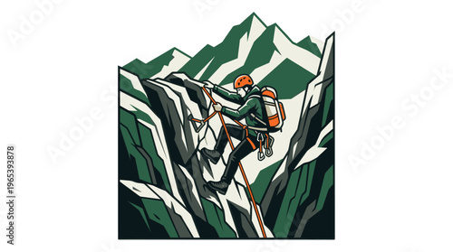 A person rappels down a rocky mountainside, utilizing climbing gear against a backdrop of dramatic peaks and dark green foliage.
