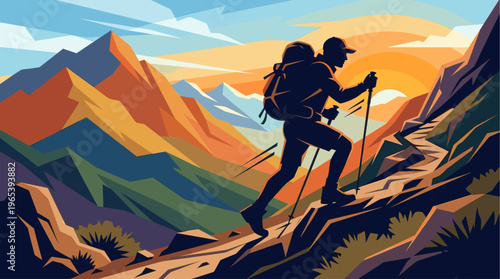 A silhouetted hiker with a backpack and trekking poles ascends a steep, rocky mountain path against a colorful sunset sky, evoking adventure and achievement.