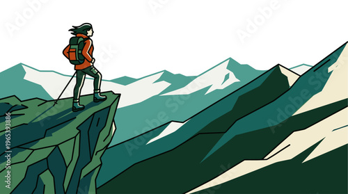 A stylized illustration shows a determined female hiker with a backpack standing on a rocky cliff edge, overlooking a vast mountain range, conveying adventure and achievement.