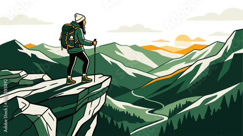 A female hiker with a backpack and poles stands on a cliff edge, admiring a scenic mountain range during sunset, conveying adventure and exploration.