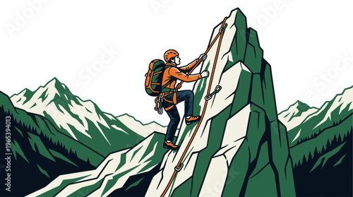A determined climber wearing a backpack and helmet ascends a jagged, green mountain peak, using ropes and carabiners against a backdrop of snowy mountains and evergreen trees.