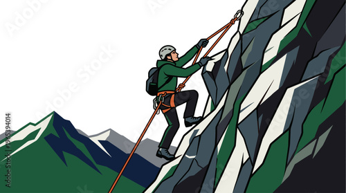 A stylized illustration depicts a person in climbing gear ascending a rocky mountain with a rope and harness, showcasing adventure and achievement.