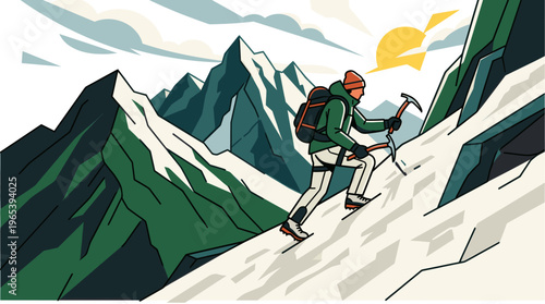 A stylized illustration depicts a lone climber in a green jacket and orange hat ascending a steep, snow-covered mountainside using an ice axe.