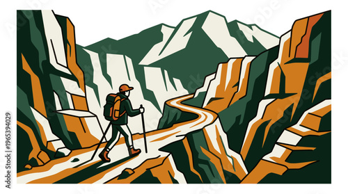 A stylized illustration of a person hiking on a winding path through a mountainous landscape with bold color blocking.