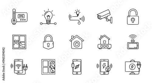 Minimal smart home outline icon set with IoT devices, home automation, and connected technology symbols
