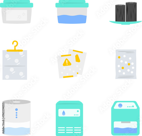 Dehumidifier and Moisture Absorber Icon Set, Humidity Control Products Flat Illustration Collection