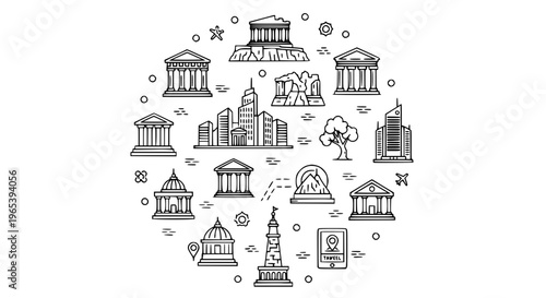 Modern Athens outline icons collection with Greece skyline, Parthenon, and city landmarks