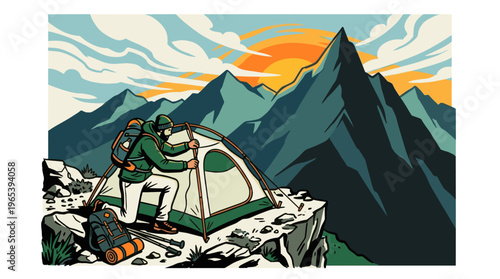 A bearded hiker in a green jacket and beanie sets up a tent on a rocky cliff edge with a stunning mountain landscape and vibrant sunset in the background.