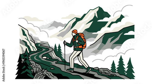 A stylized illustration depicts a solo hiker with a bright orange backpack trekking a winding mountain path surrounded by rugged peaks and clouds.