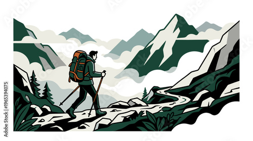 A stylized illustration depicts a solo hiker with a large backpack and trekking poles walking along a winding path through a misty mountain landscape.