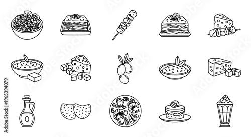 Minimal Greek cuisine outline icon set with salad, moussaka, souvlaki, and Mediterranean food symbols