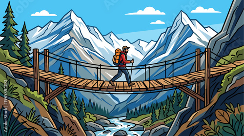 A lone hiker with a backpack and trekking pole crosses a rustic wooden suspension bridge over a rushing river, surrounded by snow-capped mountains and pine trees, in a vibrant cartoon illustration.