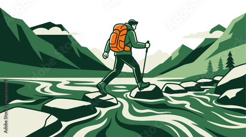 A man with an orange backpack and trekking poles crosses a flowing river by stepping on rocks amidst a scenic mountain landscape.