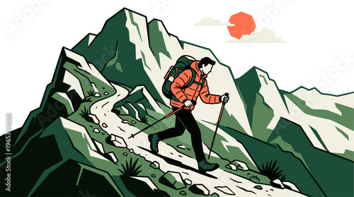 A man with a backpack hikes up a rugged mountain path using poles, set against a backdrop of stylized green peaks and a bright orange sun.