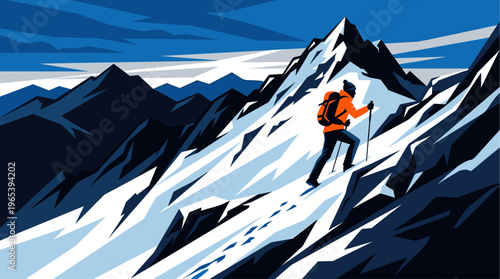 A lone hiker in bright orange climbs a steep, snow-covered mountain with a backpack and poles against a dramatic blue sky.