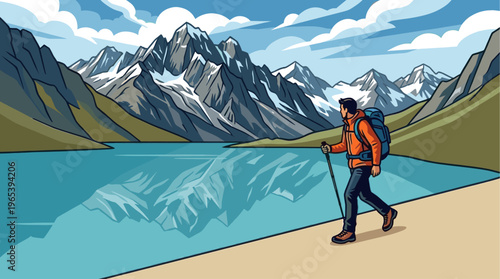 A lone hiker with a backpack and poles walks along the shore of a vibrant blue lake, with a majestic, snow-capped mountain range reflecting in the water under a cloudy sky.
