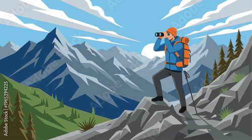 A stylized illustration of a hiker wearing an orange hat and blue jacket, with a backpack, using binoculars to observe a vast mountain range under a cloudy blue sky.