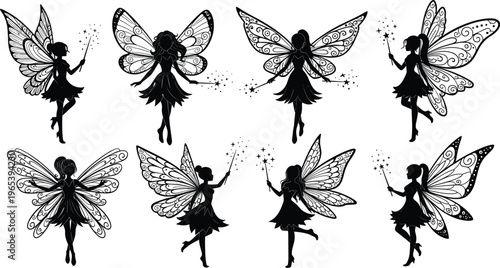 Set of black silhouette magic fairies with beautiful patterned wings holding wands and stars isolated on white background for creative fantasy design