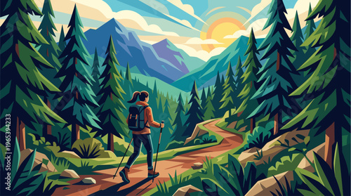 A woman with a backpack and hiking poles walks on a winding dirt path through a pine forest towards a mountain range at sunset.