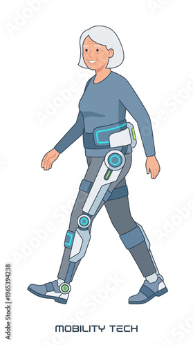 Elderly woman walking with a futuristic robotic exoskeleton, symbolizing enhanced mobility and independence through advanced assistive technology for active aging and rehabilitation