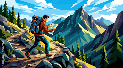 A stylized illustration shows a hiker with a backpack checking a map while walking on a rocky mountain path with pine trees and jagged peaks in the background under a blue sky.