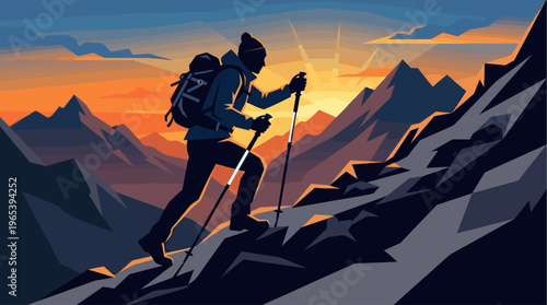 Silhouette of a lone hiker with a backpack and trekking poles ascending a rugged mountain slope during a vibrant sunset with dramatic clouds.