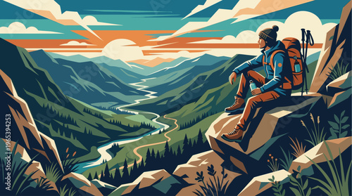 A stylized illustration shows a hiker with a backpack sitting on a rock, gazing at a winding river and distant mountains during a colorful sunset.