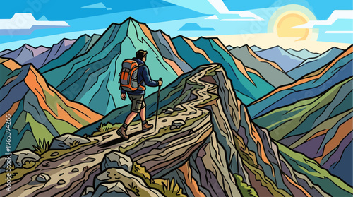 A man with a backpack hikes along a narrow mountain ridge toward a sunrise, with a vibrant, stylized landscape of colorful peaks under a blue sky.