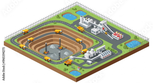 Open Pit Mine with Heavy Machinery and Processing Plant.