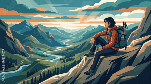 A woman with dark hair wearing a red jacket and backpack sits on a rocky ledge, holding a water bottle and looking out at a vast mountainous landscape with a winding river below.